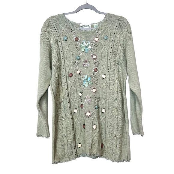 Colleen's Collections Sweater Womens Green Floral Embroidered Cable Knit Rosette - Picture 1 of 16